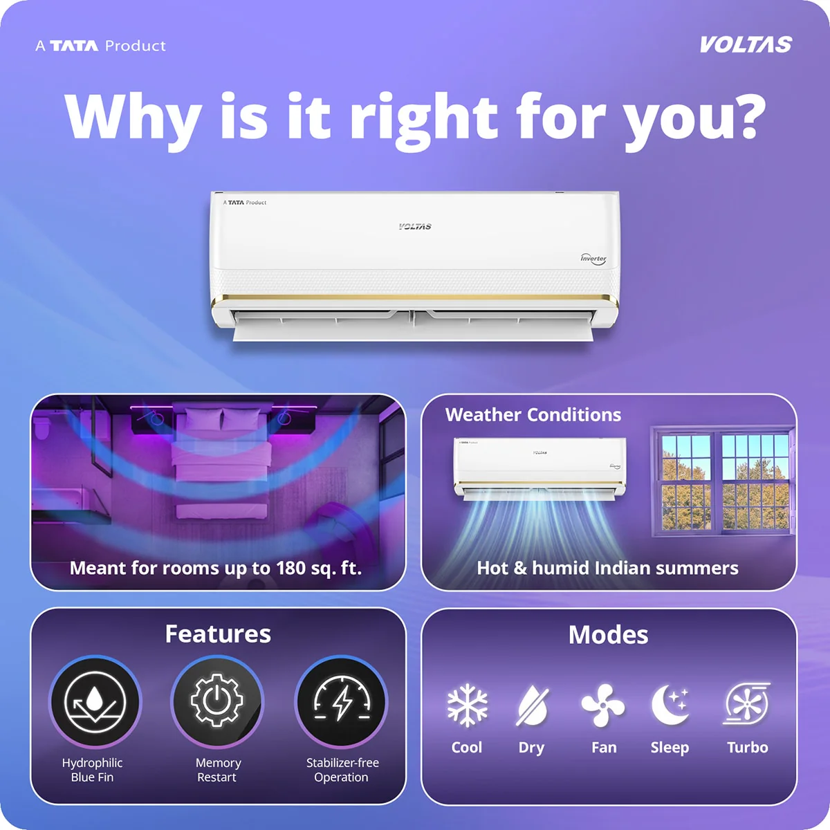 Voltas Split Air Conditioner, 1.5 Ton, 3 Star - 183INV Vertis Zephyr Gold - Image 3
